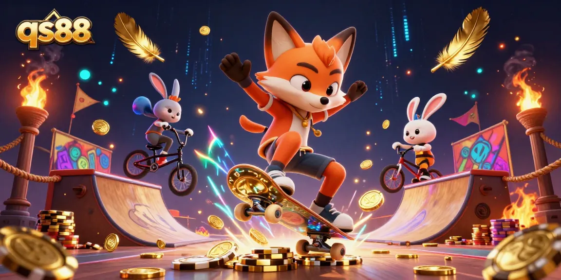 qs88 engages players with 3D cartoon characters in a vibrant casino atmosphere showcasing excitement.
