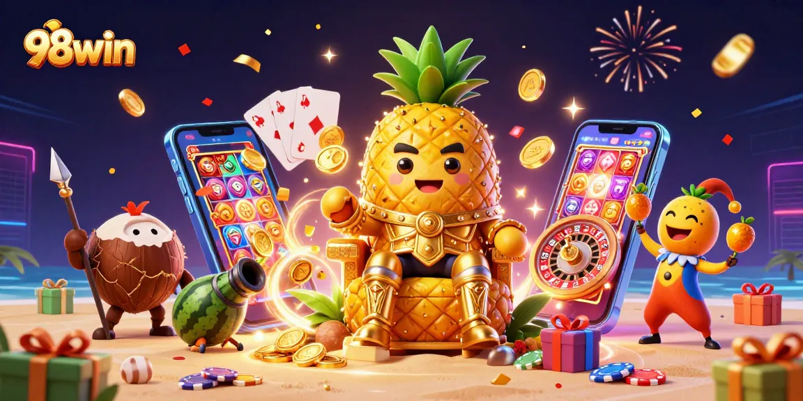 Engage in thrilling bets and colorful games at 98win with a lively illustration of casino characters and elements.