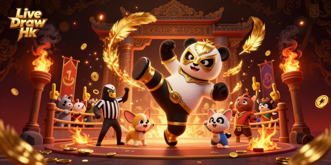 Engaging illustration showcasing Live Draw Hk excitement with a wrestling panda and cheering animal spectators.
