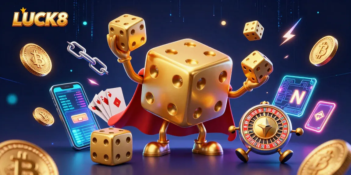 Experience the thrill of LUCK8 with this vibrant 3D illustration showcasing gaming excitement and crypto elements.