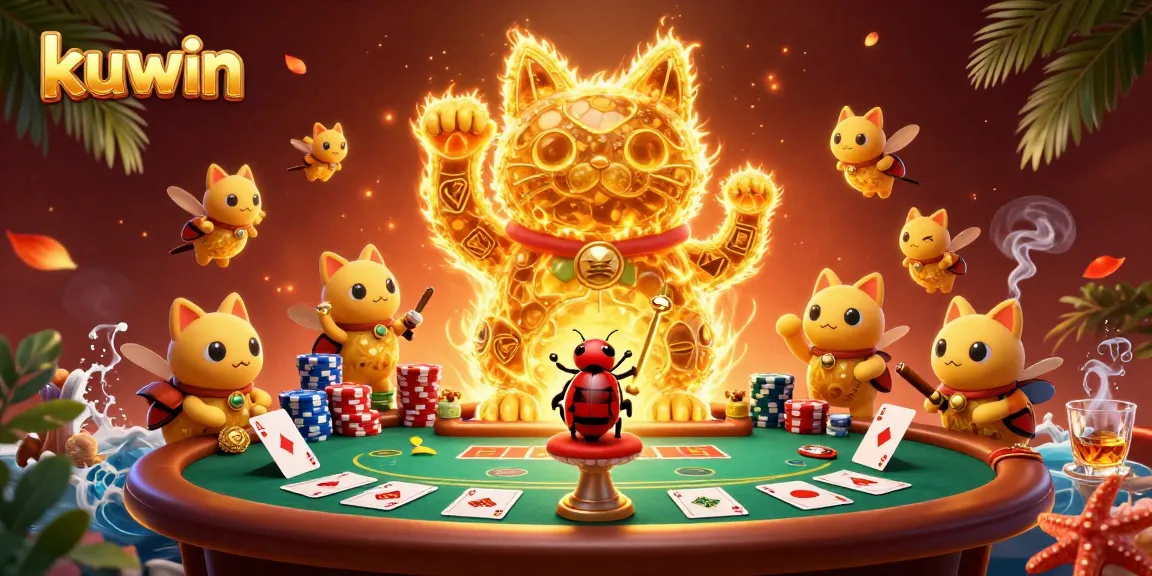 Experience kuwin's exciting gaming world with vibrant lucky cat and casino symbols.