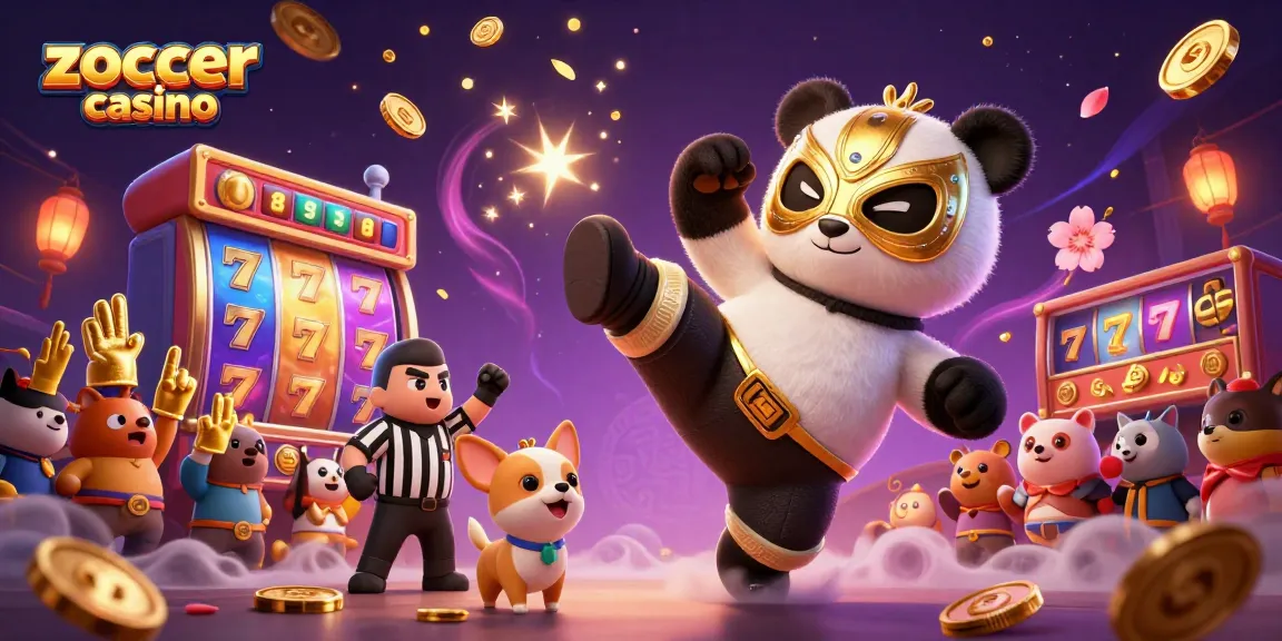 Zoccer Casino's vibrant scene with a panda wrestler, spinners, and lively animal fans celebrating.