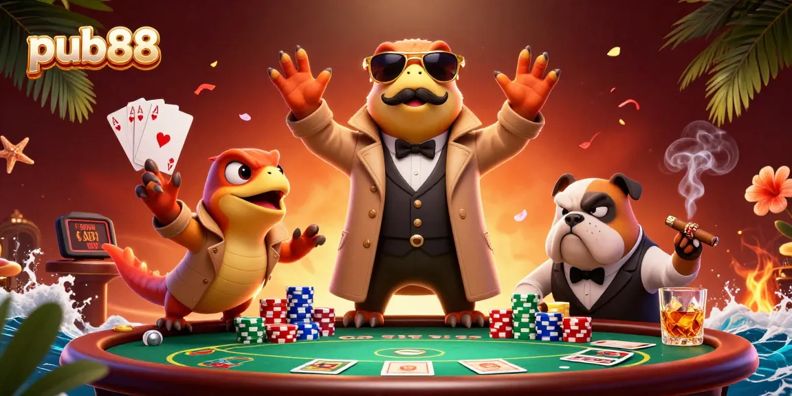 Raptors in a trench coat entering a VIP casino lounge at pub88 surrounded by poker elements and chips.