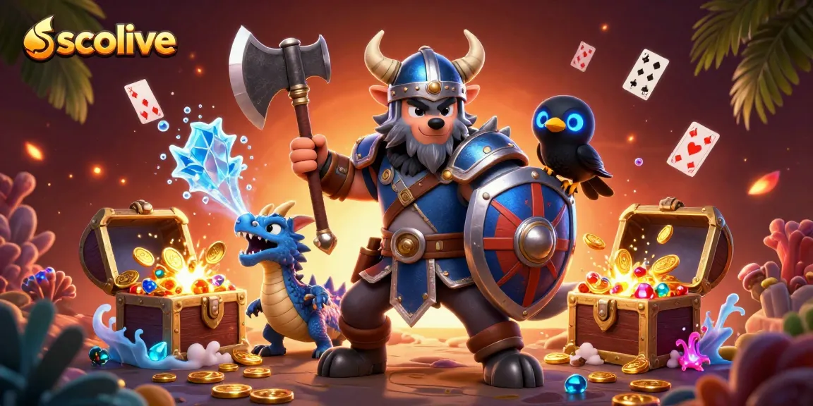 Experience the excitement of socolive with a Viking warrior, dragon, and treasure in this dynamic illustration.