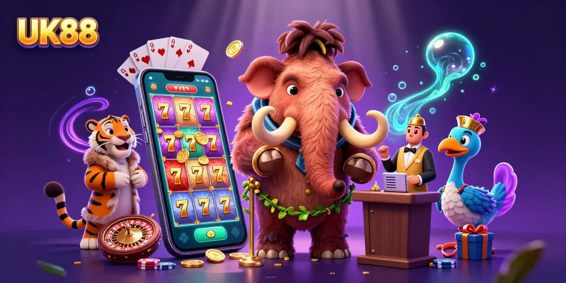Engage with UK88's vibrant casino scene featuring a woolly mammoth, saber-tooth tiger, and dodo bird.