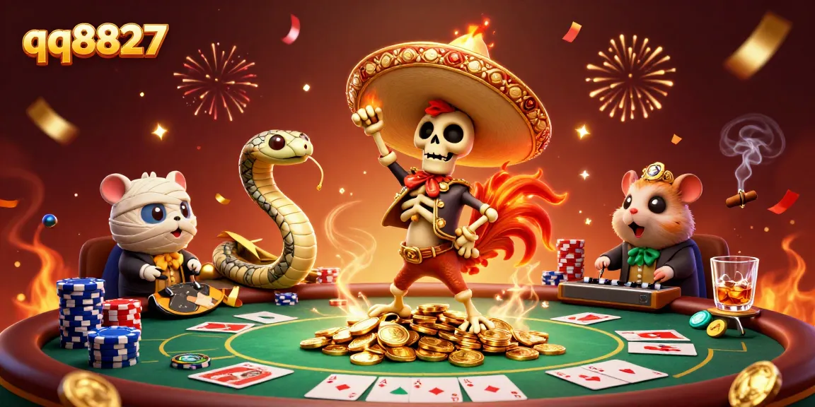 Experience the excitement of qq8827 with a vibrant illustration of casino characters celebrating winnings.