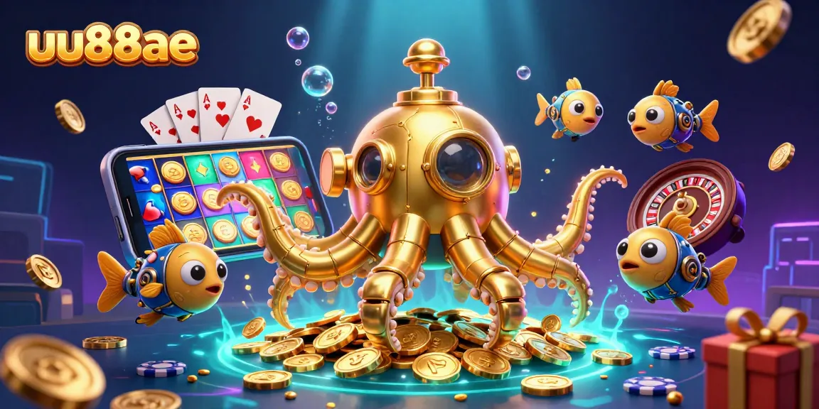 Experience winning moments at uu88ae with a vibrant scene of a golden kraken submarine surfacing through golden coins, accompanied by unique gaming elements.