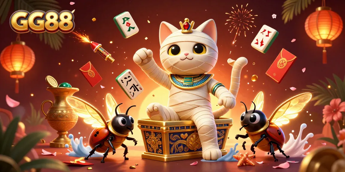 Win big at GG88 with vibrant casino scenes featuring a mummy cat and floating cards.