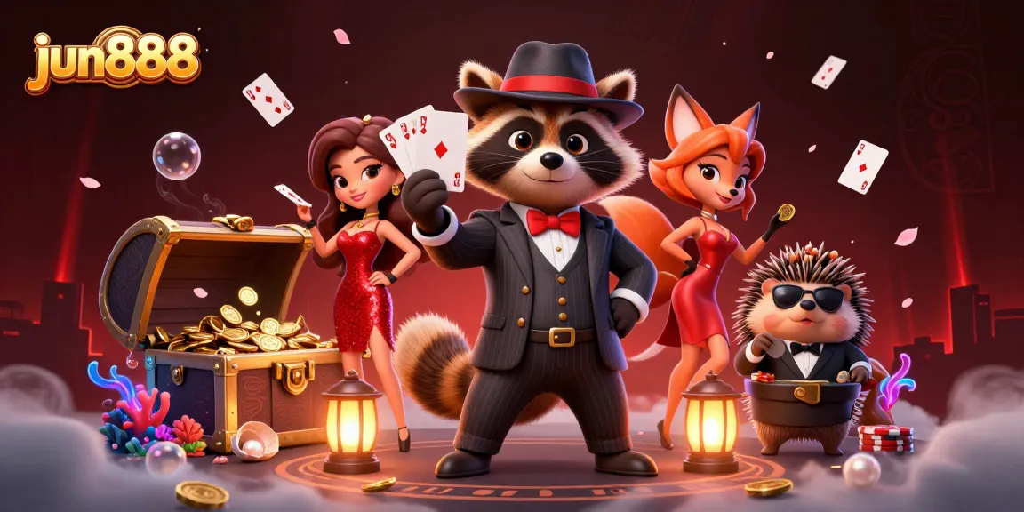 Experience the thrilling action at jun888 with raccoon poker players and treasure chests bursting with gold.