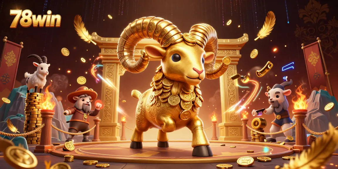 Experience the excitement of 78win casino with a 3D illustration showcasing the golden ram at a vibrant gambling arena.