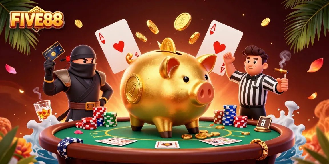 Engage with FIVE88 in a vibrant casino showdown featuring sumo wrestlers, poker chips, and a dramatic scene.