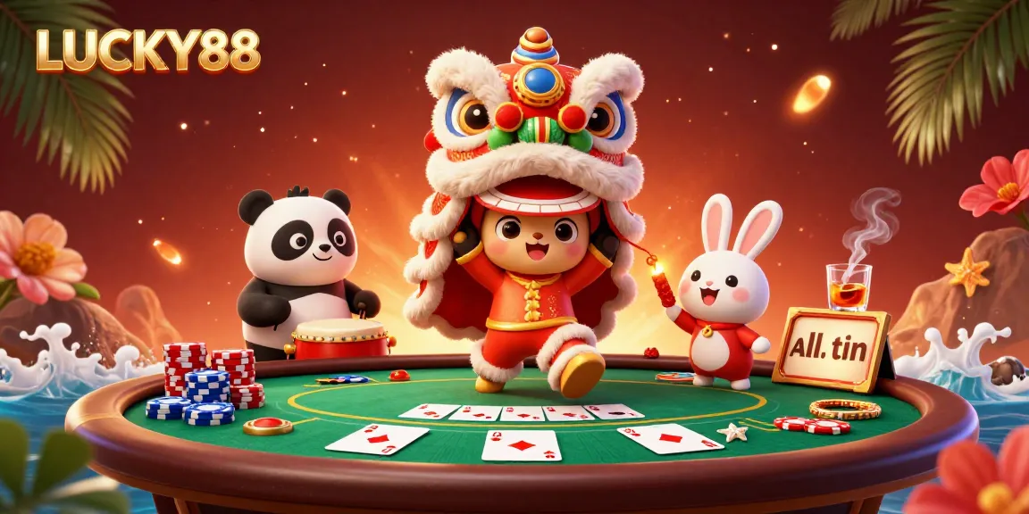 LUCKY88 enhances excitement with a festive 3D casino scene featuring a lion dance, poker table, and vibrant decorations.